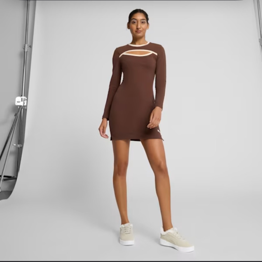 Puma Brown Long Sleeve Bodycon Trim Dress NWT